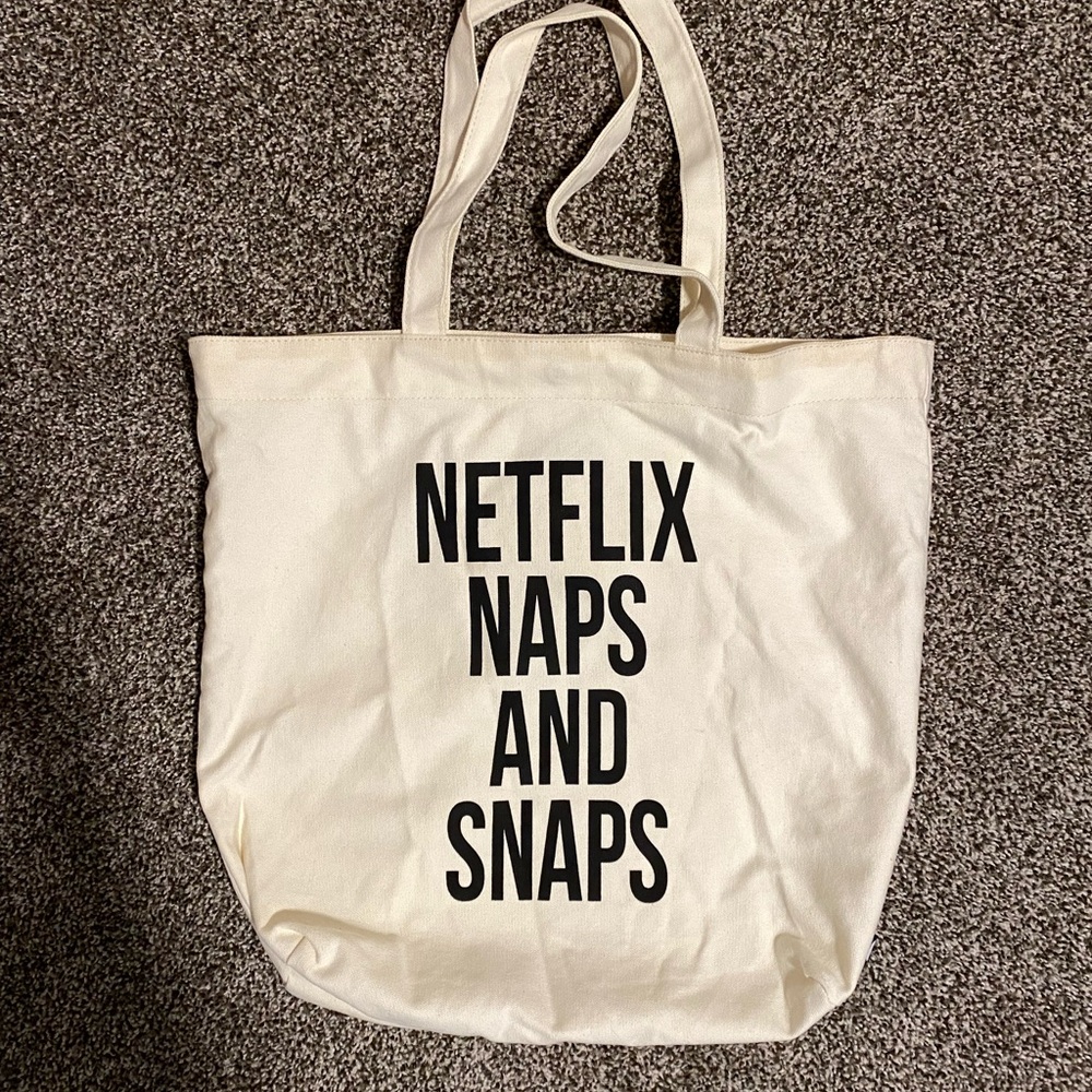 White Tote Bag with Black Text